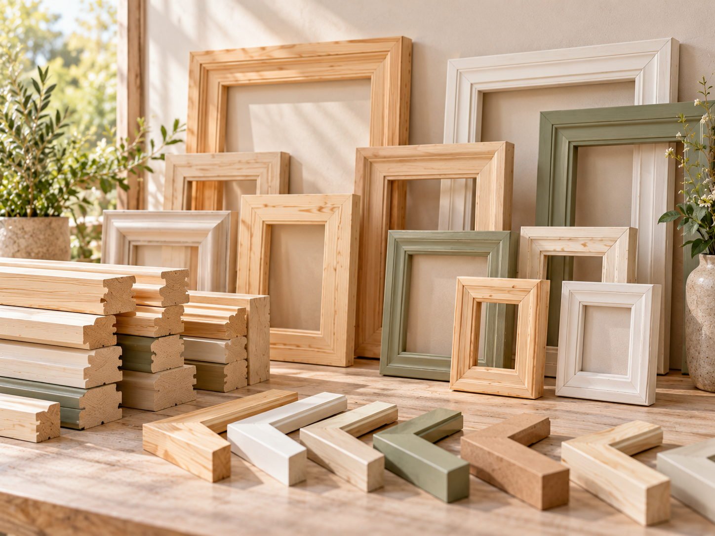 Range of custom wooden picture frames in pine, poplar and MDF, stacked profile samples and mitred corners