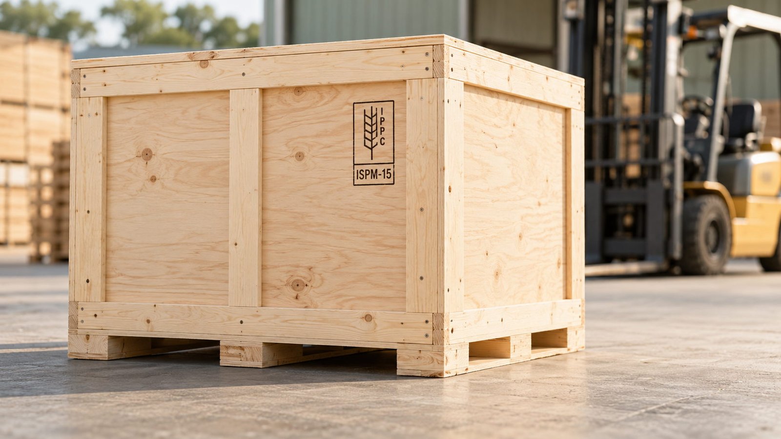 Plywood export crate with visible IPPC ISPM-15 stamp marking and batten framing