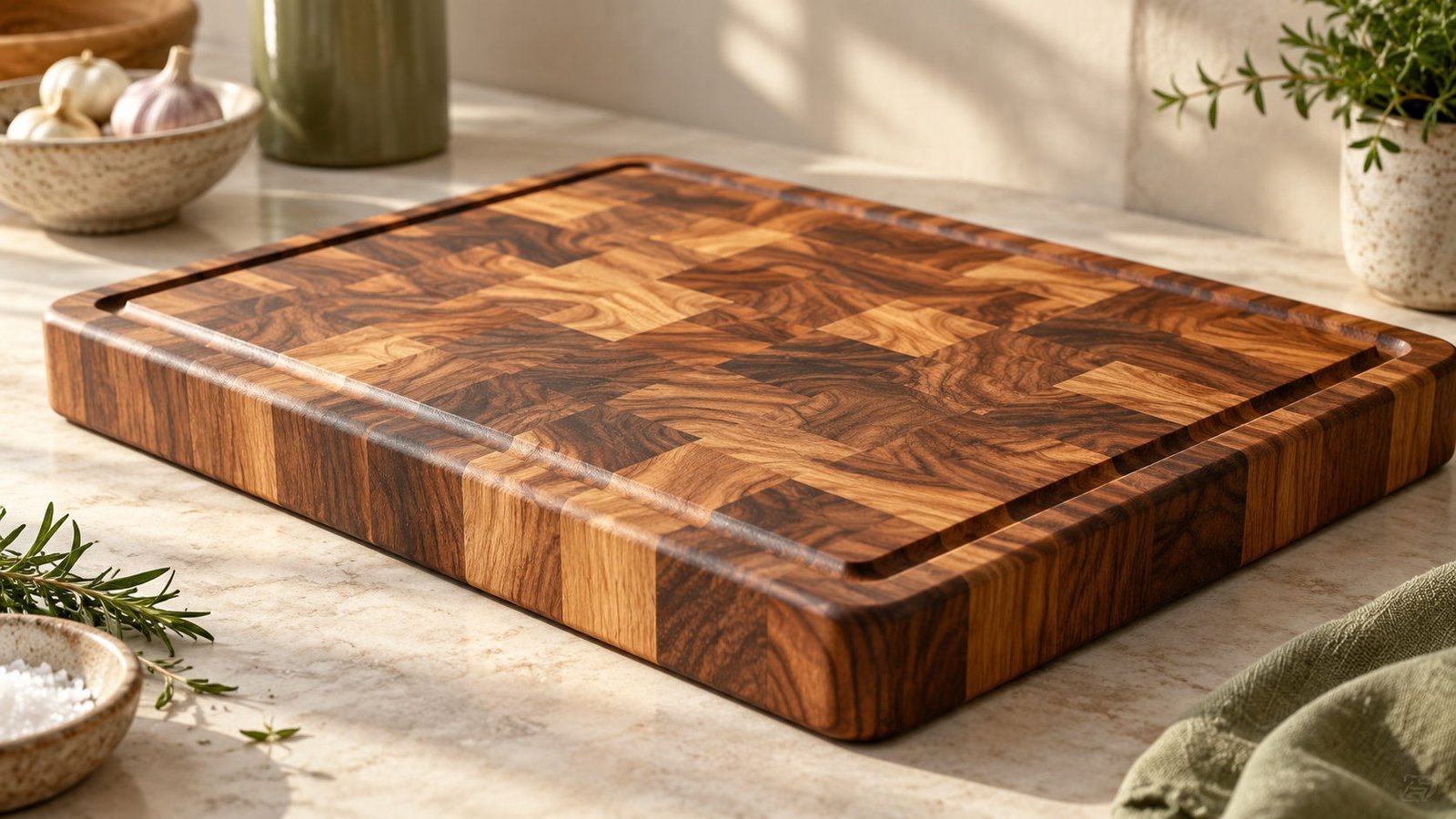 End grain and edge grain acacia cutting boards side by side with laser engraved logo