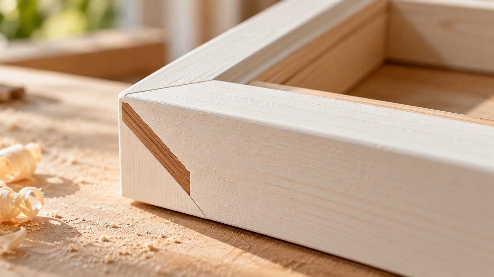 Close-up mitred corner joint of a painted pine picture frame with visible spline