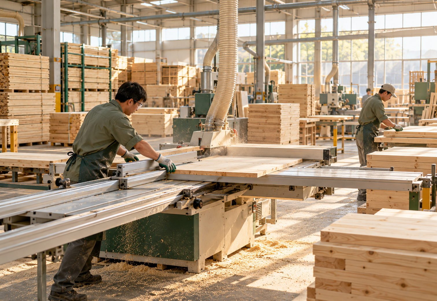 CNC router and operator machining pine frame stock in a custom wood factory