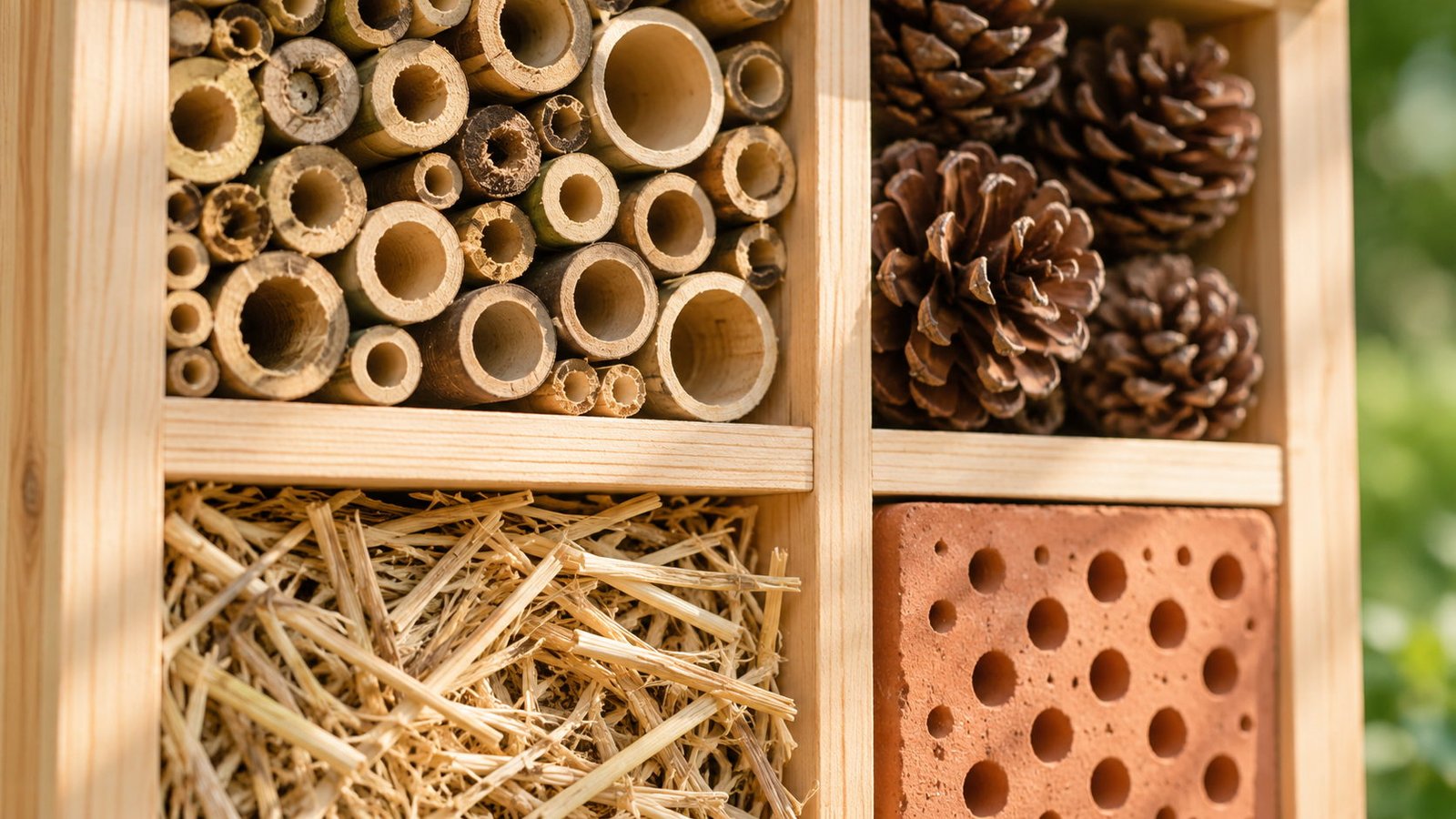 Close-up of insect hotel chambers filled with bamboo canes, fir cones, straw and drilled bricks