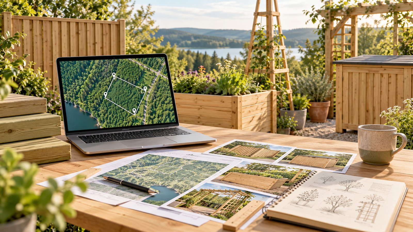 Documents and a laptop showing a forest plot geolocation map beside wooden garden products