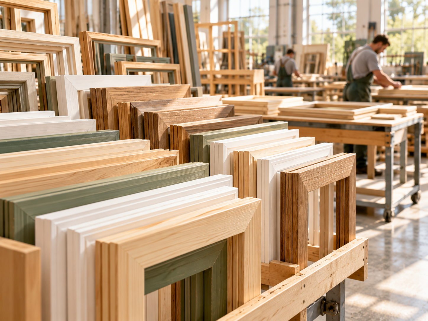 Rows of custom wooden picture frames in different profiles and finishes in a factory