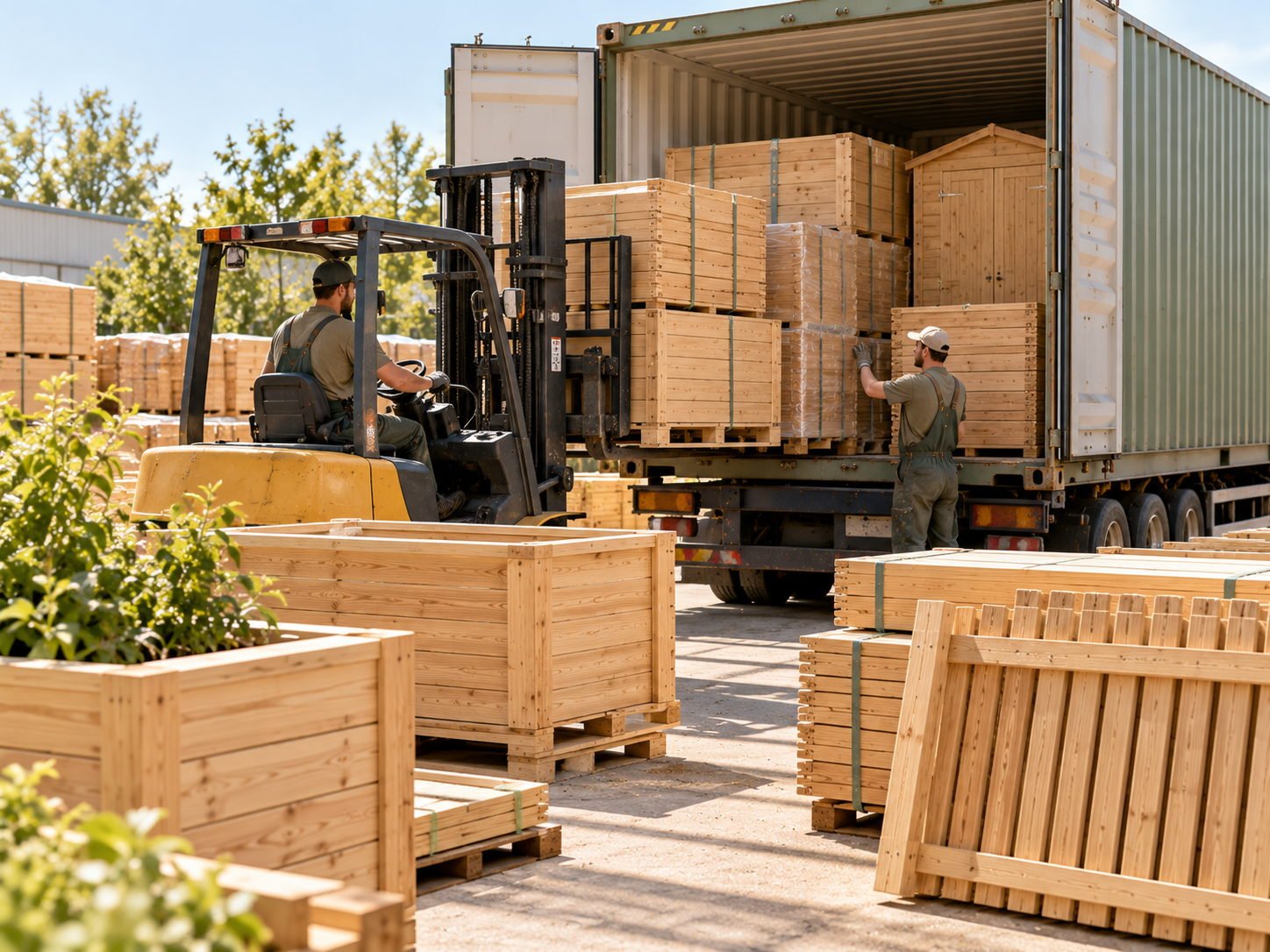 Wooden garden products being loaded into a container: planter boxes, fence panels and flat-pack sheds