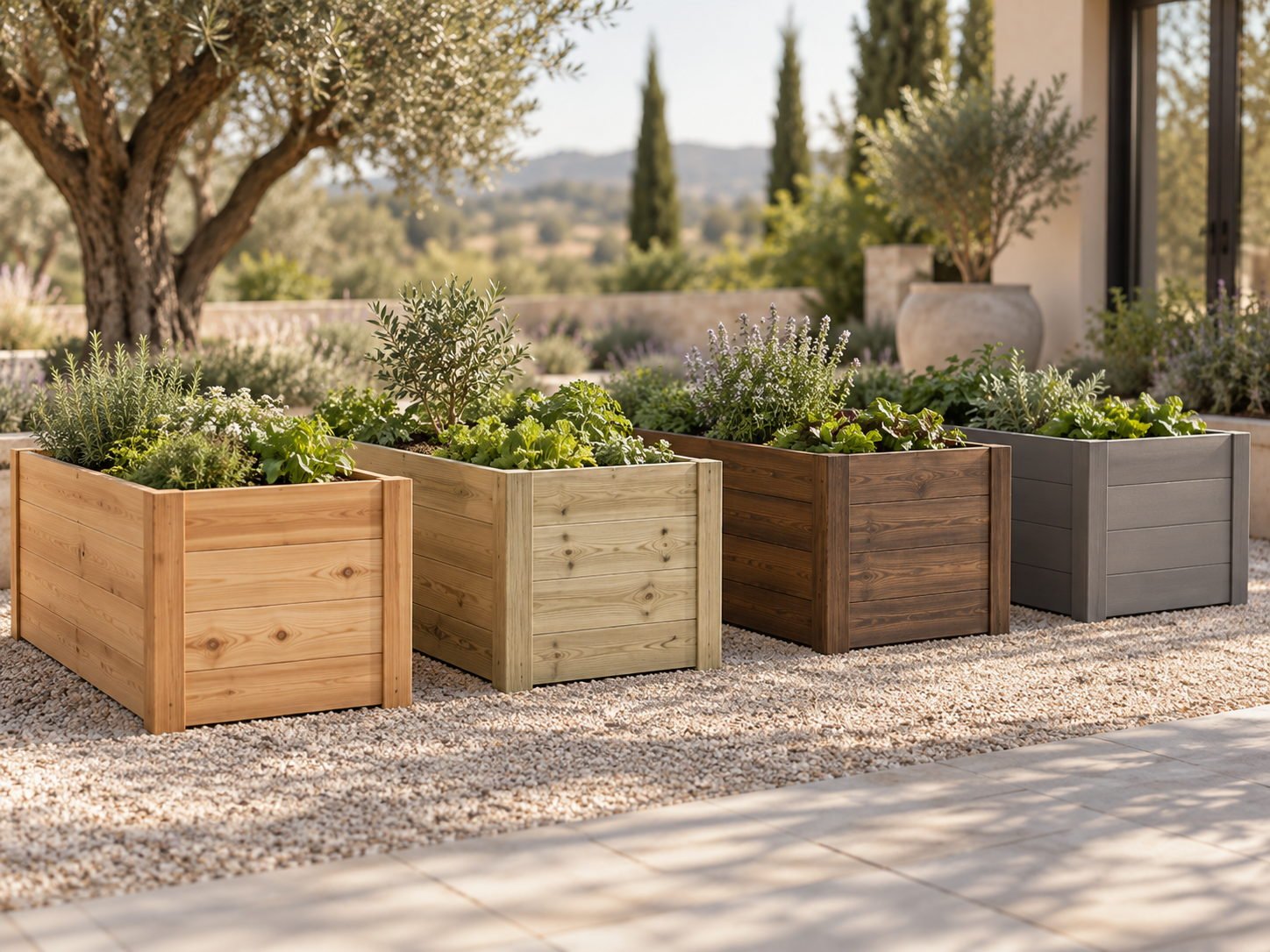 Four raised garden bed samples in larch, treated pine, thermally modified timber and composite, side by side