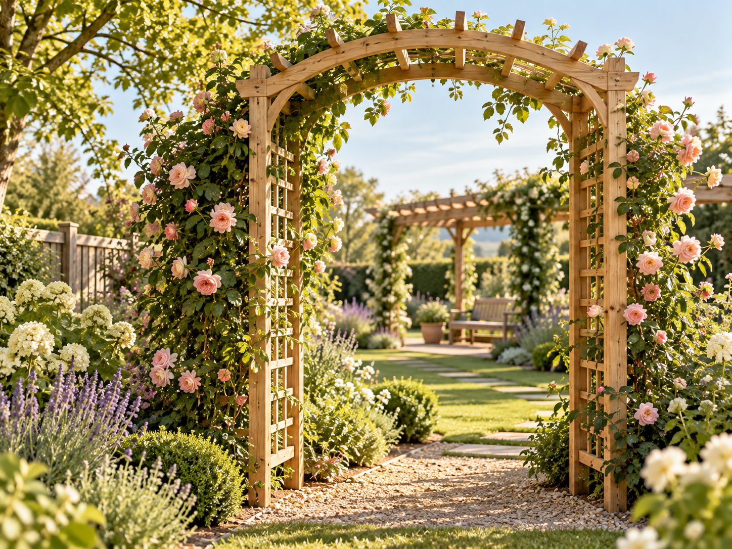 Wooden garden arch arbour with climbing roses on a lawn path, and a pergola walk beyond