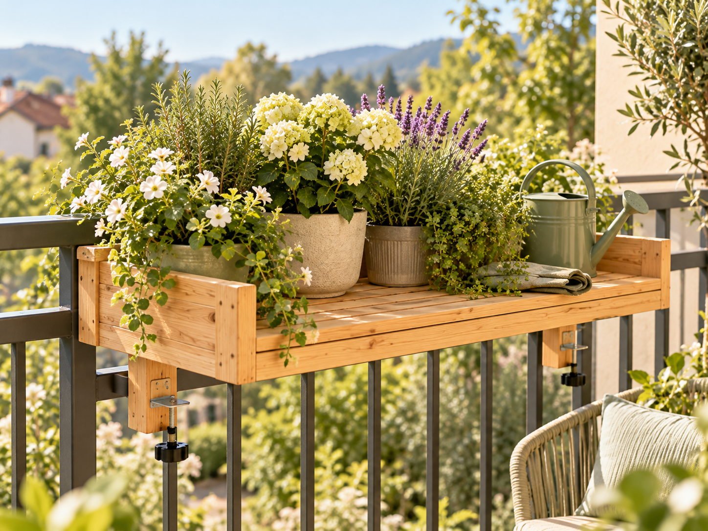 Larch balcony railing plant shelf clamped over a metal railing with pots and a watering can