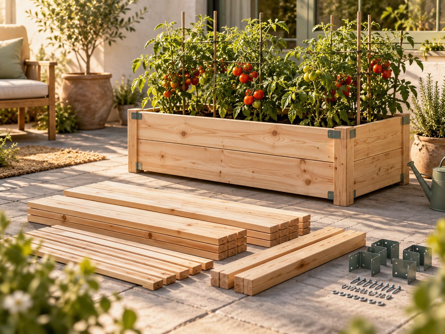 Flat-pack wooden raised garden bed assembled on a patio with tomatoes, boards and brackets laid out beside it