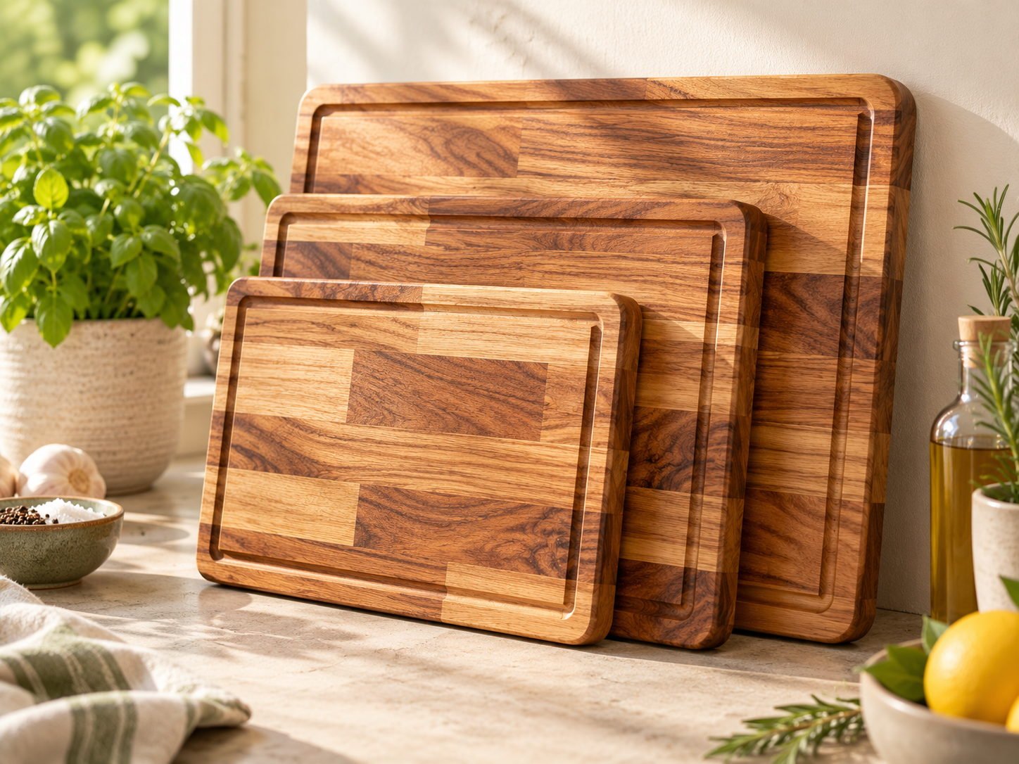 Acacia edge-grain cutting boards with juice groove and laser engraved logo, stacked by size