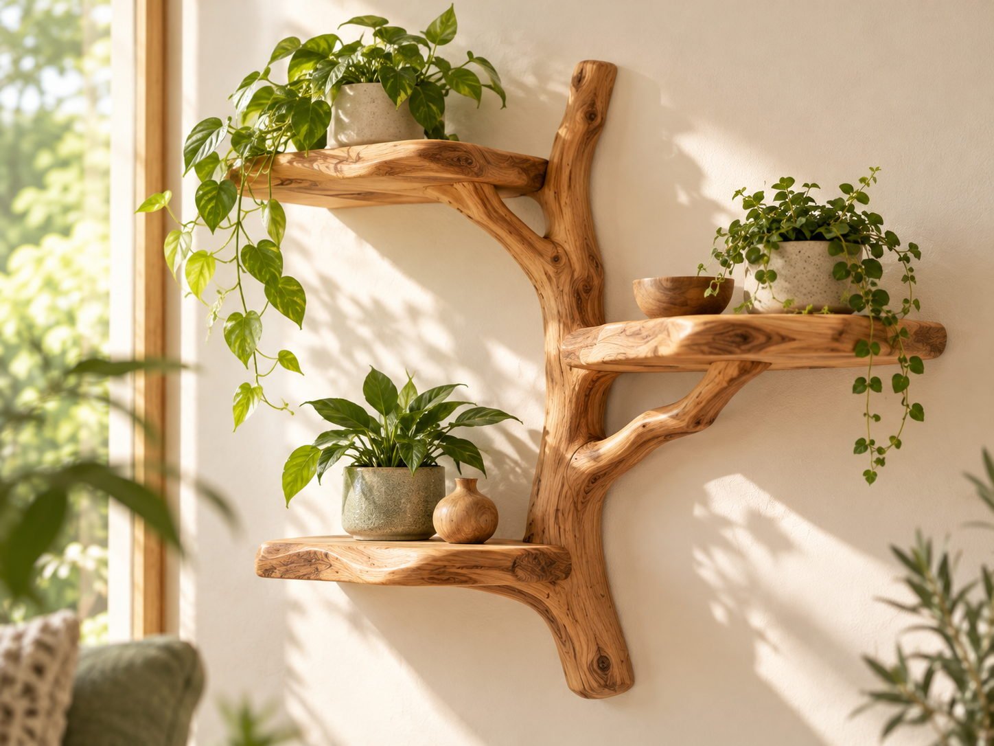 Irregular branch-form wooden wall shelf with three organic shelves, mounted on a pale wall with small plants