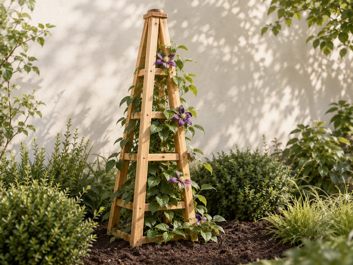 Wooden garden obelisk trellis in treated pine with a clematis climbing through it, standing in a border