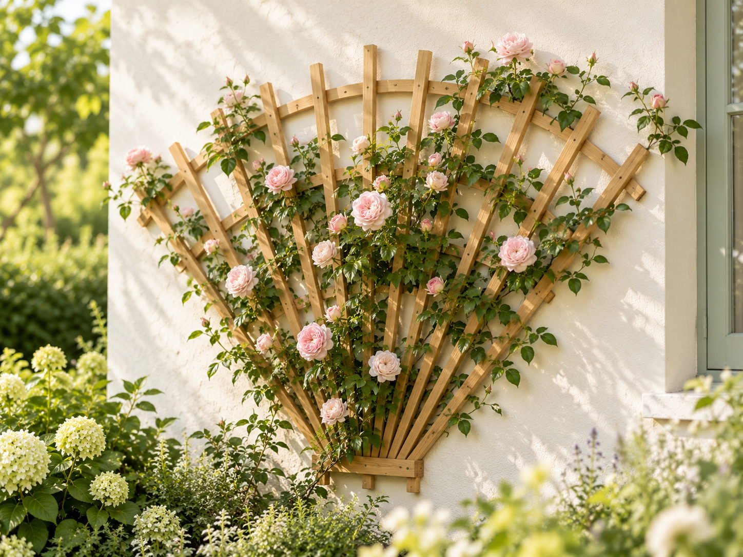 Wooden fan trellis with radiating slats fixed to a wall, with a climbing rose trained across it