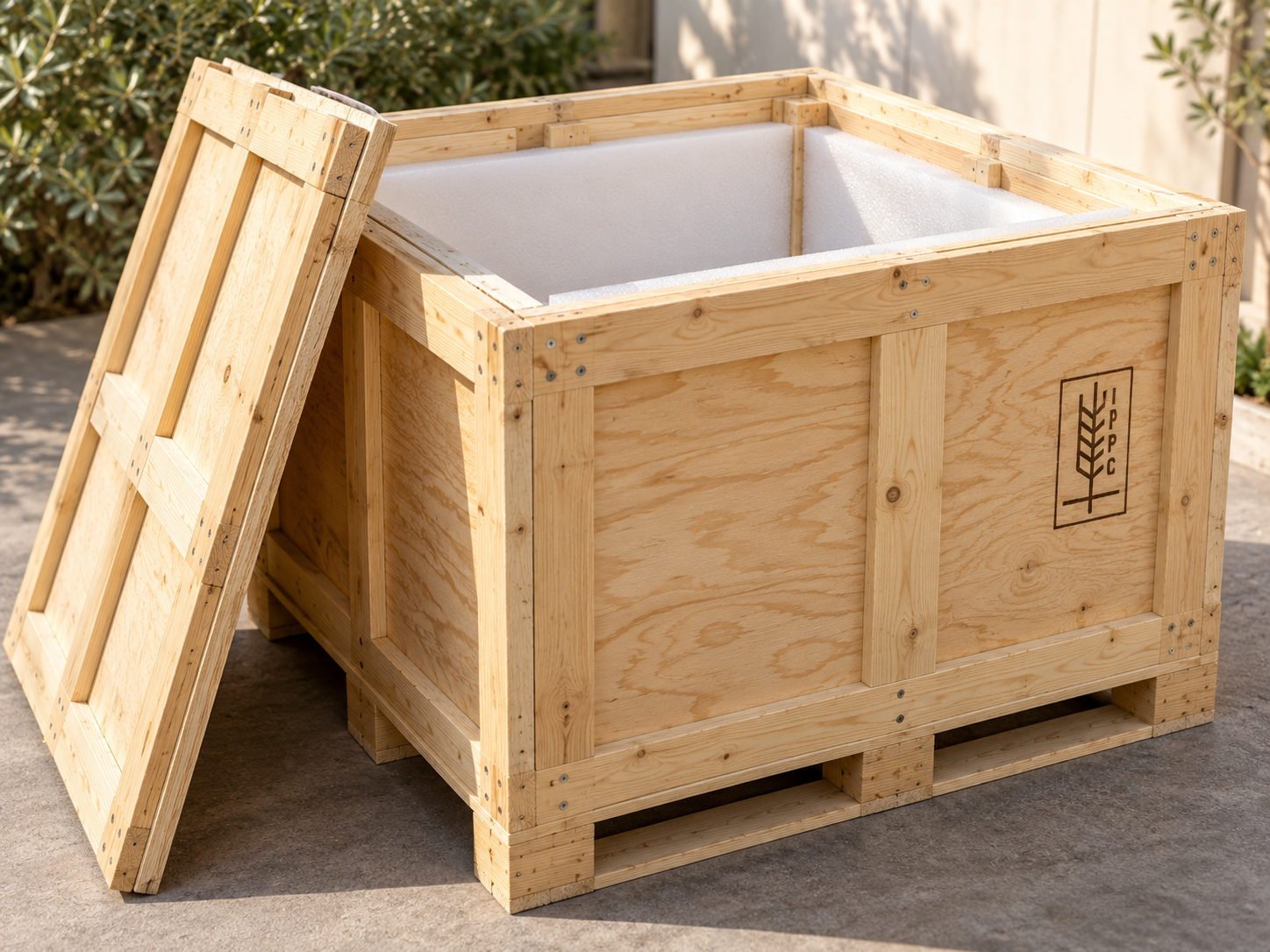 Plywood ISPM-15 heat treated export crate with IPPC stamp, batten framing and foam-lined interior