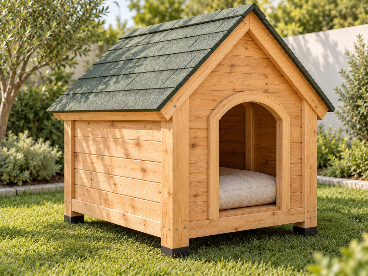 Insulated wooden dog house with shingle roof, raised floor and a removable cushion, on a lawn