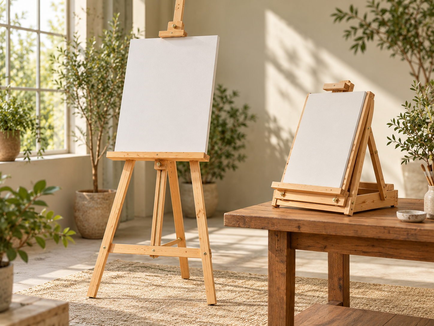 Wooden tripod artist easel in Brazilian pine with a canvas board, plus a folding A-frame table easel beside it