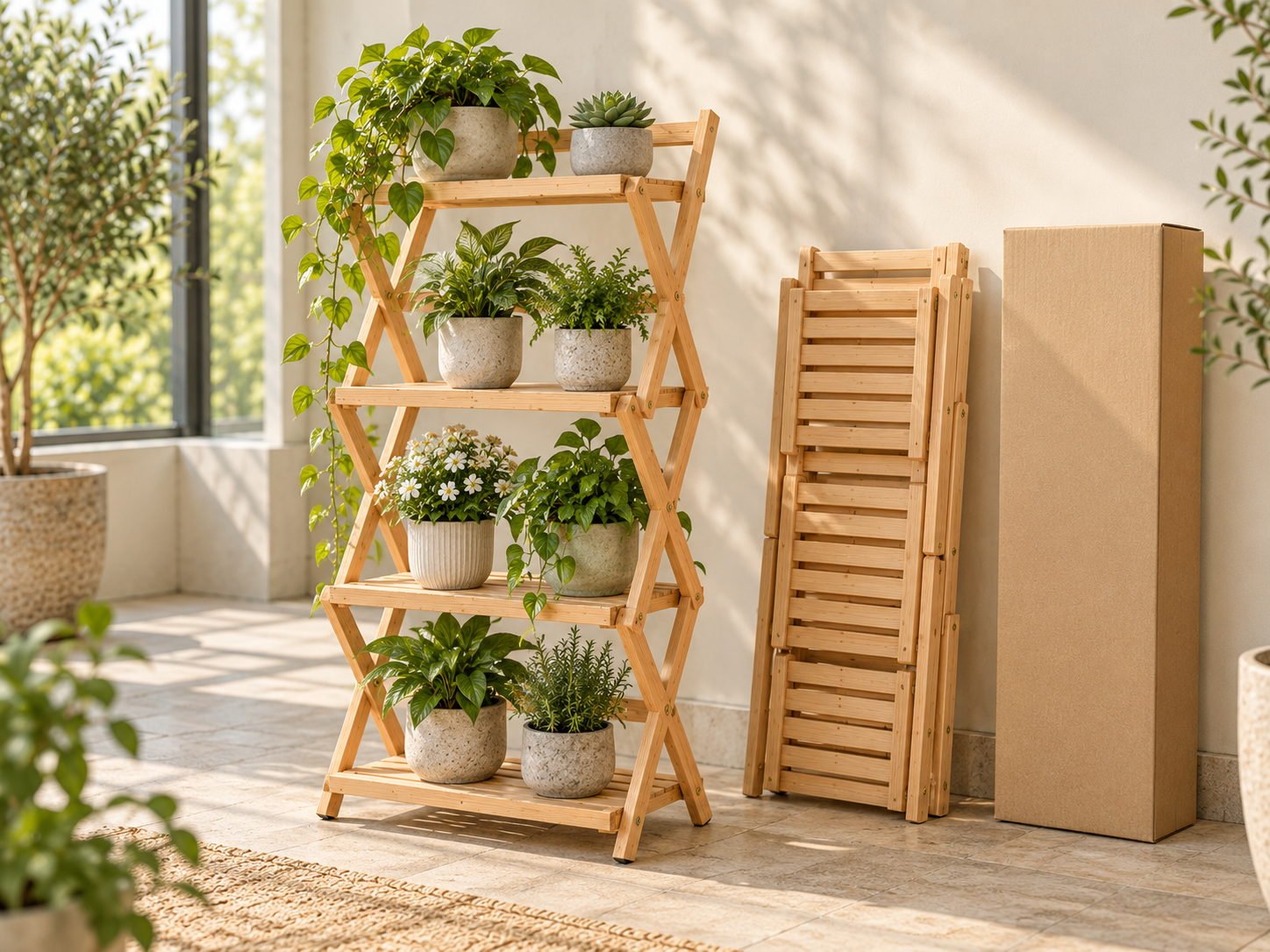 Folding four-tier wooden plant shelf in rubberwood, shown open with pots and folded flat beside its carton