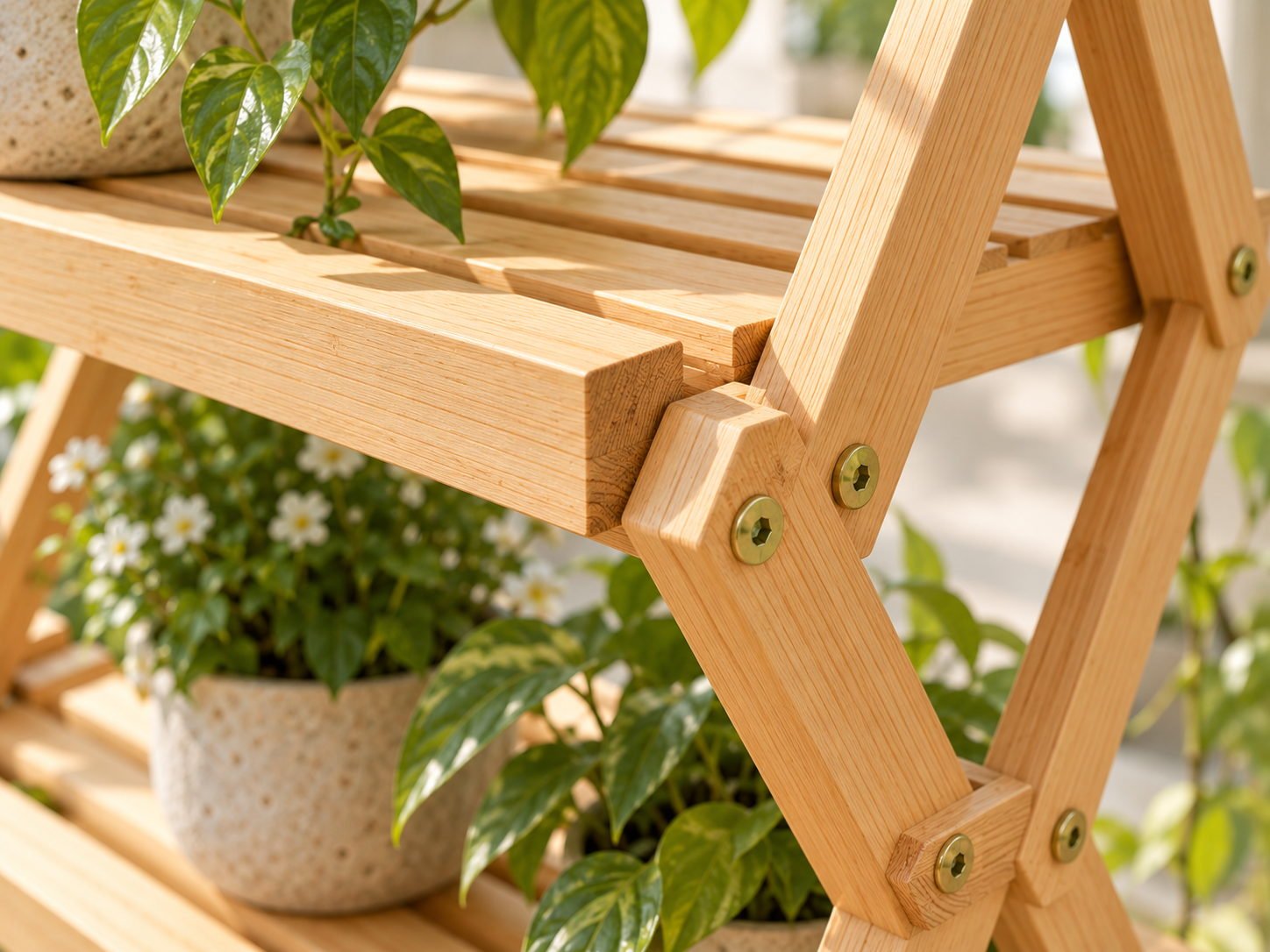 Folding Multi-Tier Plant Shelf - folding hinge and pivot detail