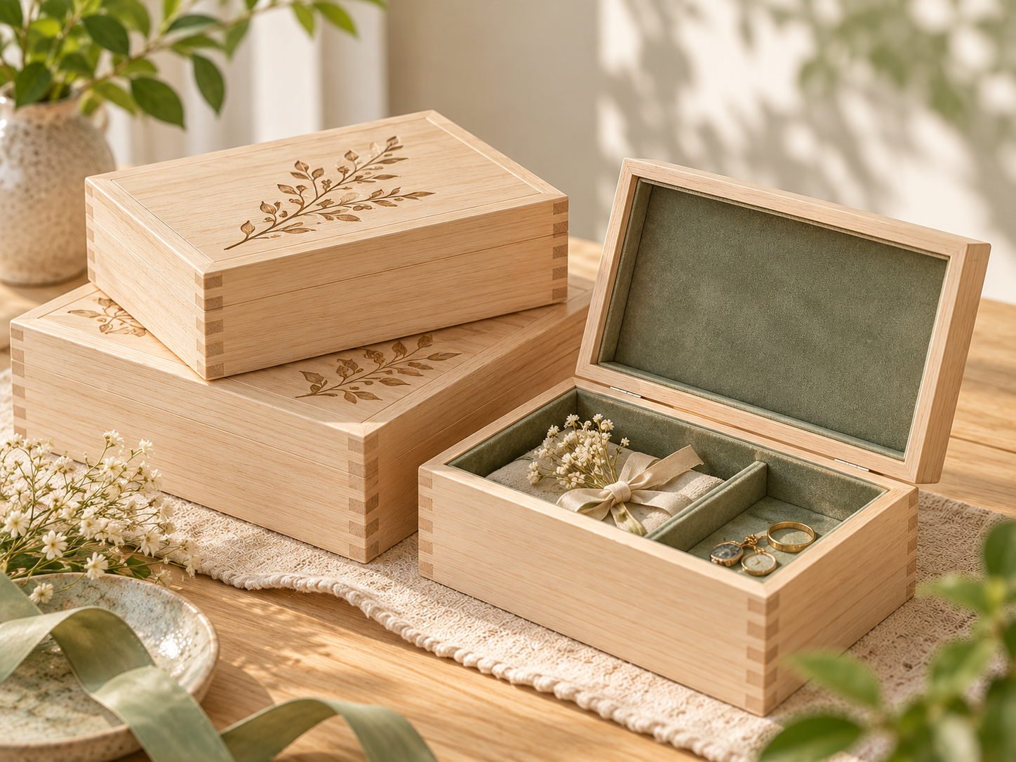 Paulownia keepsake boxes with engraved lids and velvet lining, one closed one open, stacked