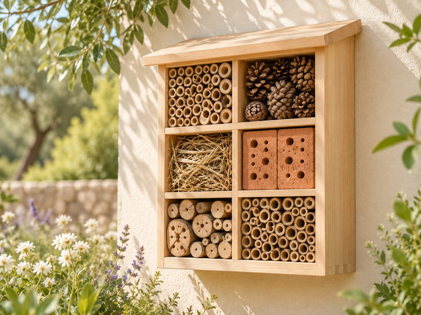 Framed wooden insect hotel with six chambers filled with bamboo canes, fir cones, straw and drilled bricks