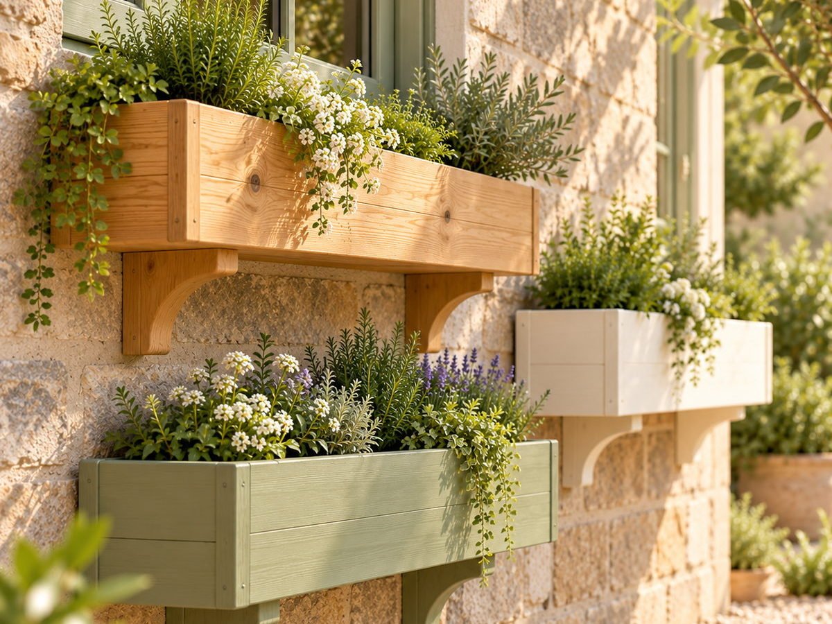Wooden trough planters and window boxes with brackets, in larch and painted finishes, on a stone wall