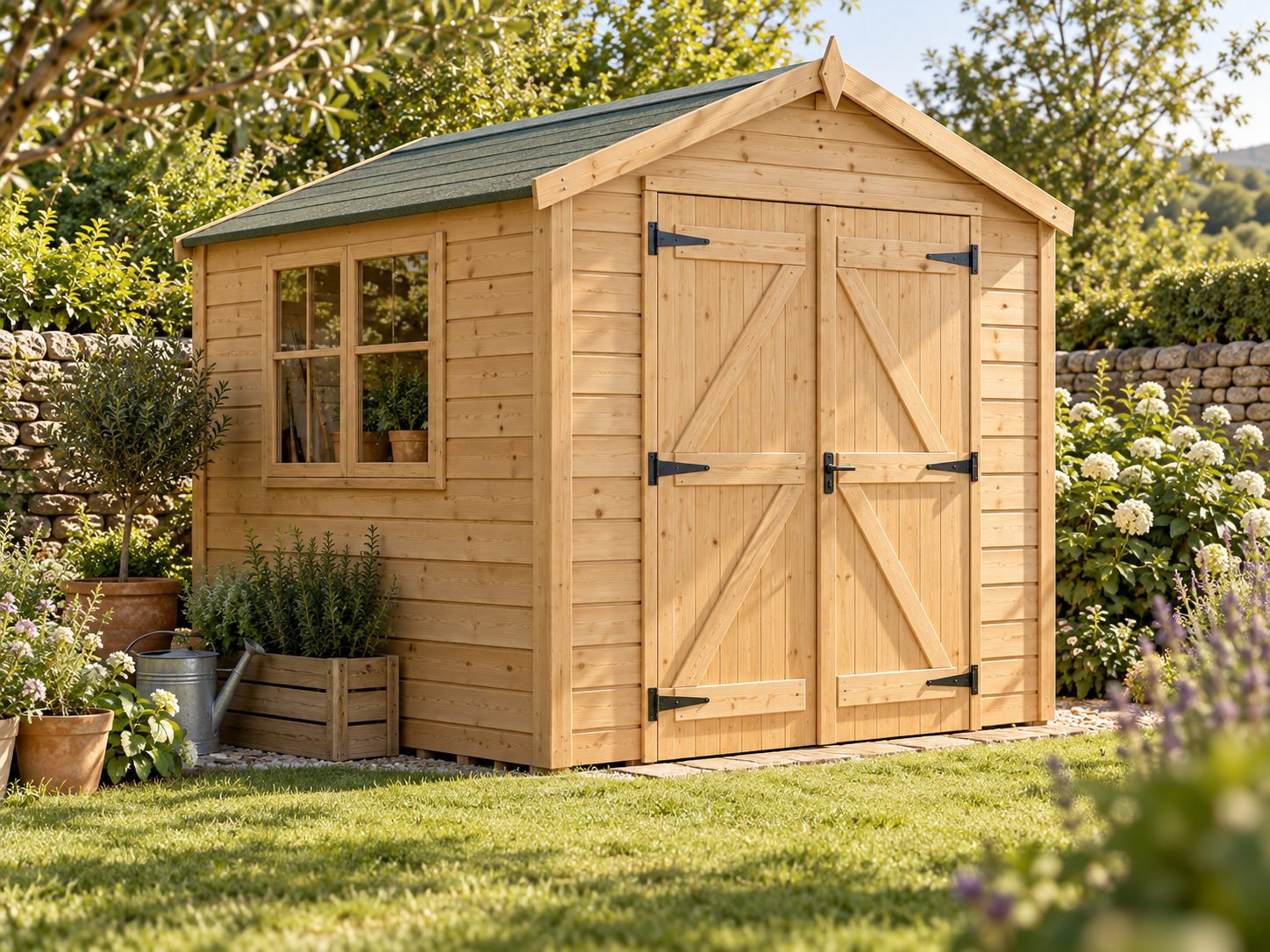 Flat-packed wooden apex garden storage shed assembled on a lawn, double doors and window visible