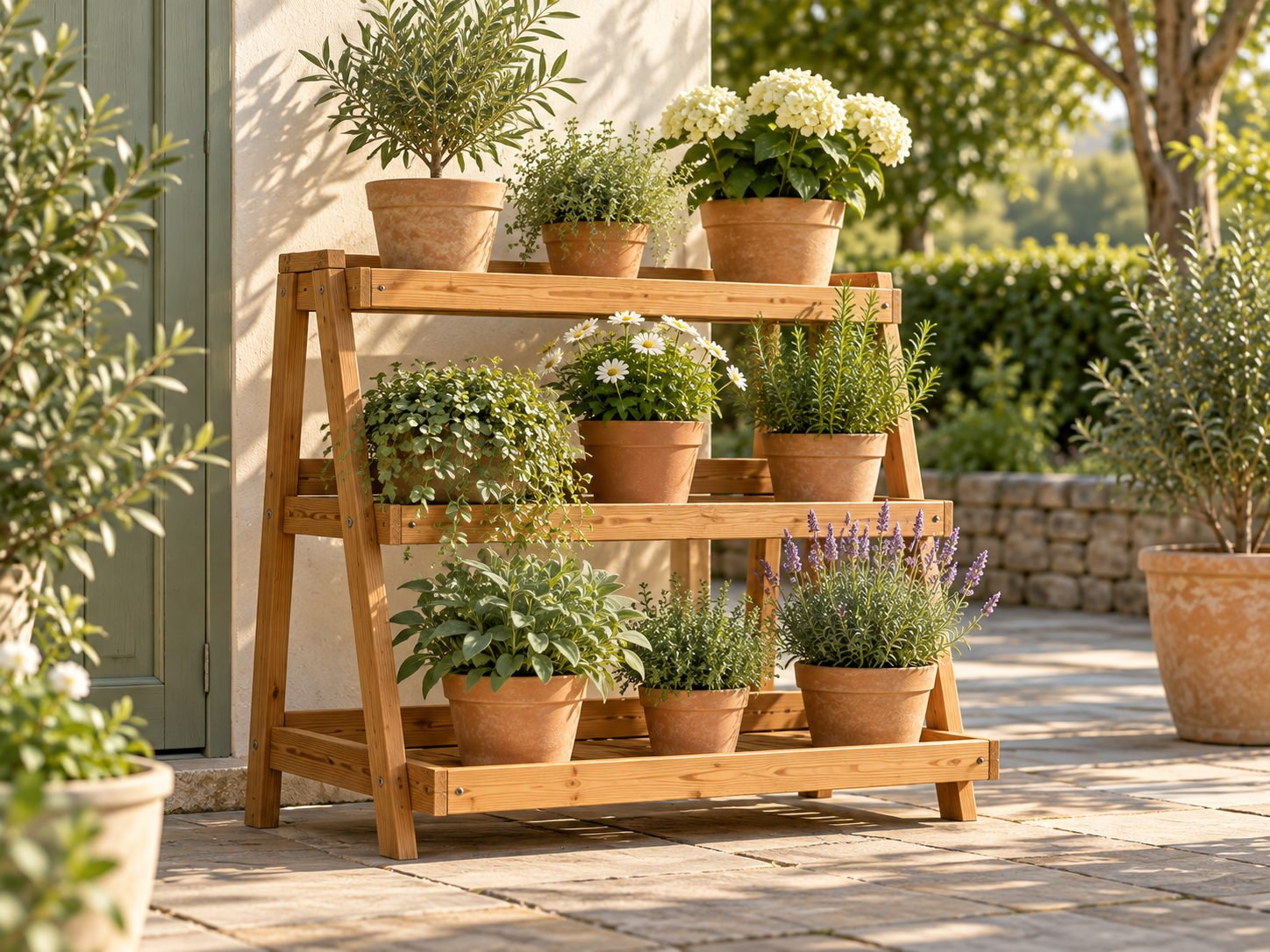 Three-tier solid pine plant stand in a warm oil finish, holding terracotta pots of varying heights