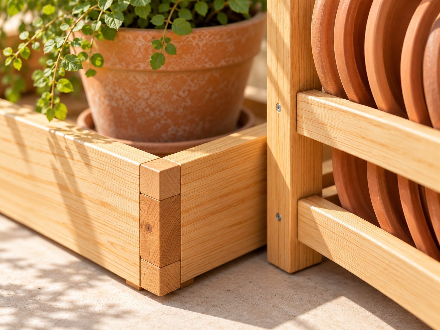 Shallow wooden planter tray holding a terracotta pot beside a rack of drying saucers