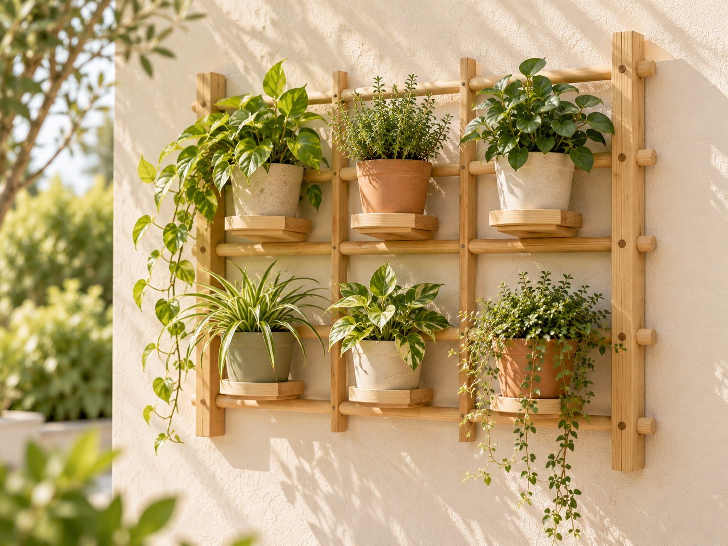 Wooden wall-mounted plant rack with a dowel grid, holding six small pots on a plaster wall