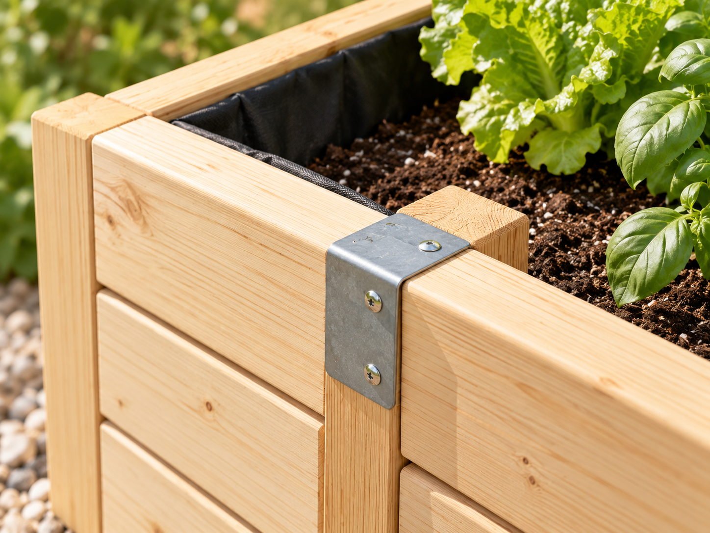 Corner joint of a flat-packed wooden raised garden bed with galvanised bracket and geotextile liner